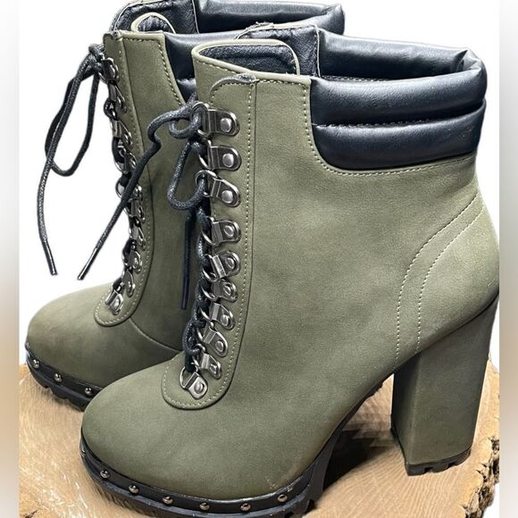 S❤️LD Pazzle l Silver-Studded, Suede Olive Green (& in Tan) Combat Boots Size 6 - Picture 3 of 8